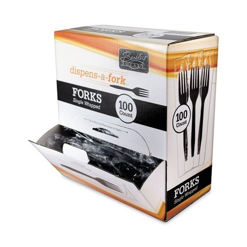Berkley Square Dispens-a-Fork, Mediumweight Fork, Plastic, Black, 100/Box