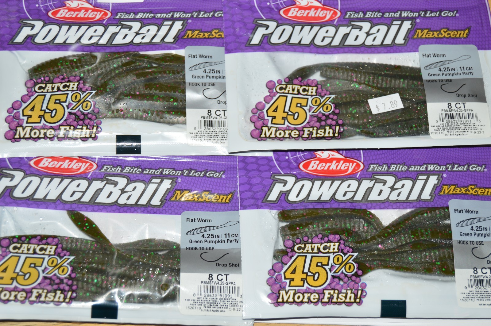 4 packs berkley flat worm powerbait maxscent max scent 4.25″ green pumpkin party