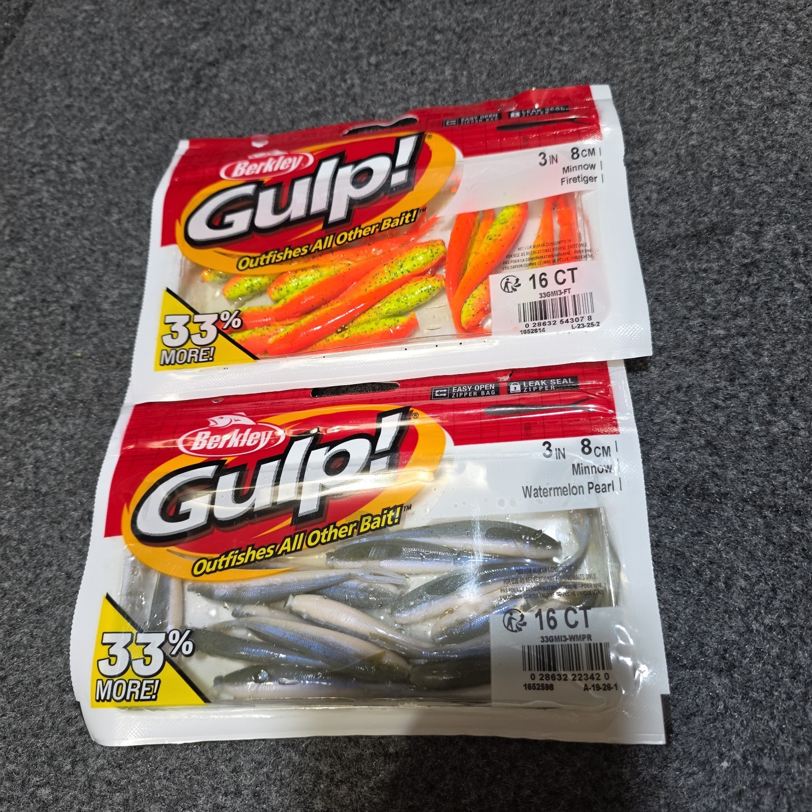 Berkley Gulp Fishing Baits 3″ Split Tail Minnow Firetiger & Watermelon Pearl Lot